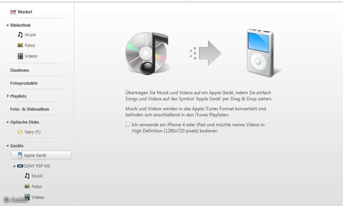 Nero Kwik Media - Synchronisation mit Apple-Geräten