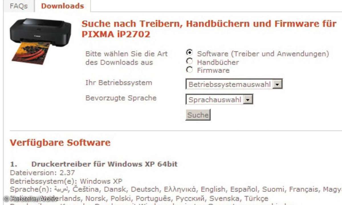 Druckertreiber gibt es auf der Webseite der Hersteller