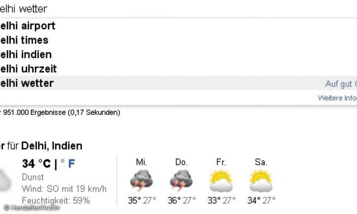 Einen Kurzwetterbericht blendet Google bei Bedarf auch ein.
