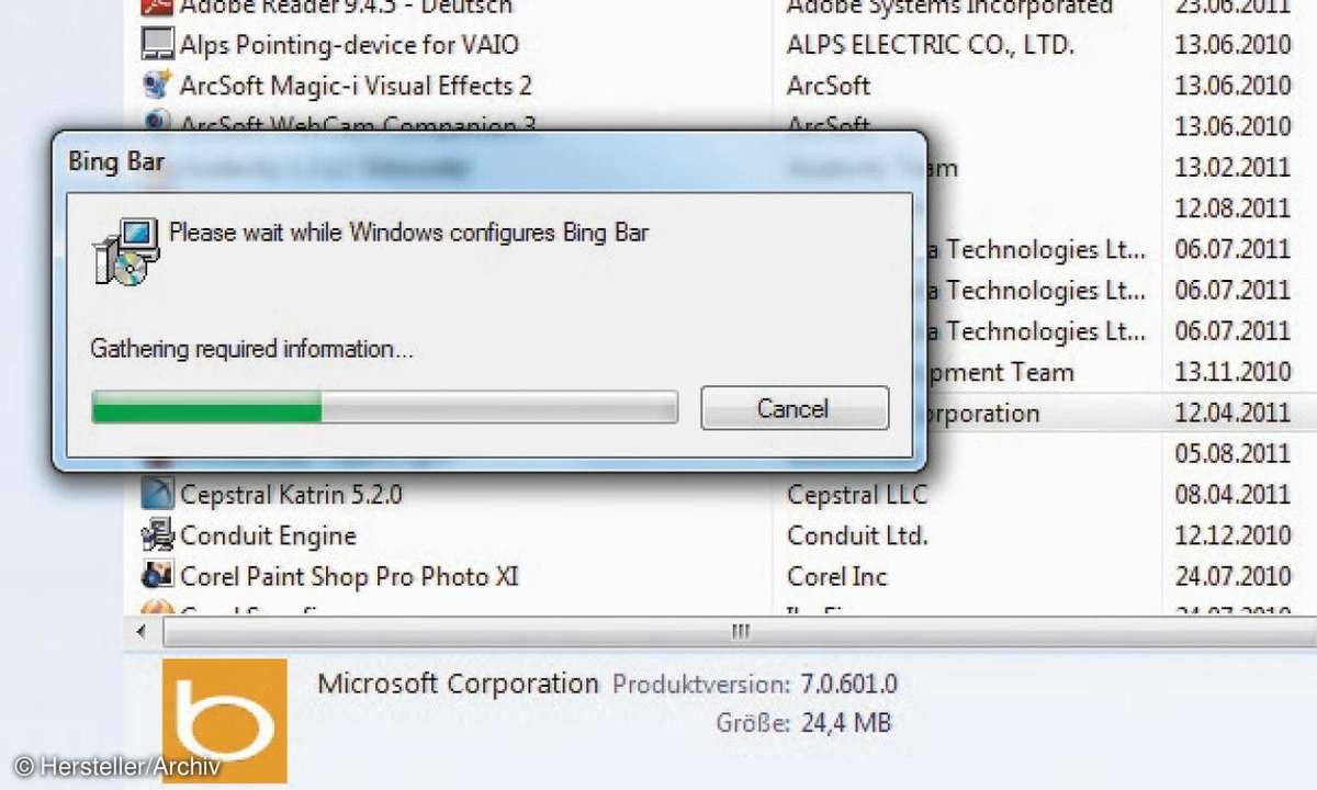 Die Bing Bar können Sie zwar recht schnell deaktivieren. Eine Deinstallation ist aber nur über die Systemsteuerung in Windows möglich.