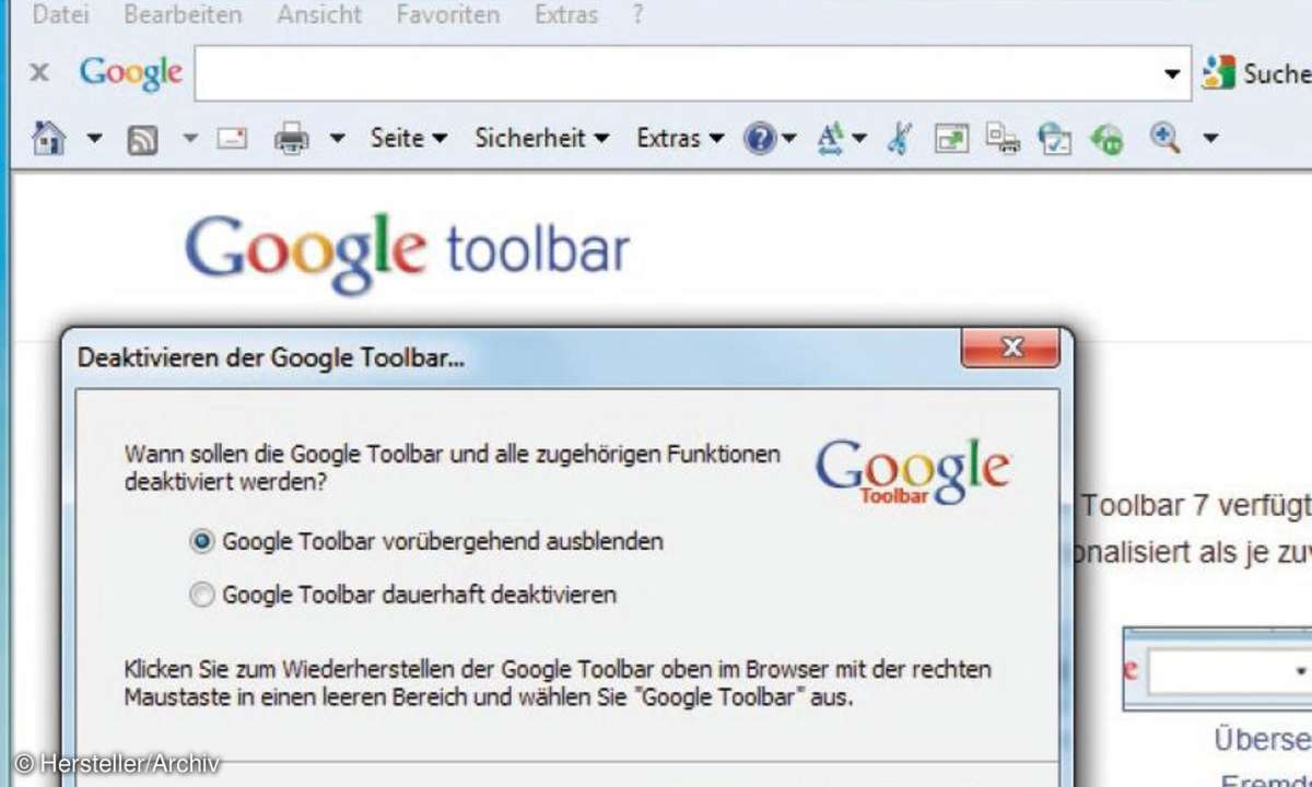 Sie haben die Wahl, ob Sie die Google-Toolbar dauerhaft oder nur vorübergehend deaktivieren.
