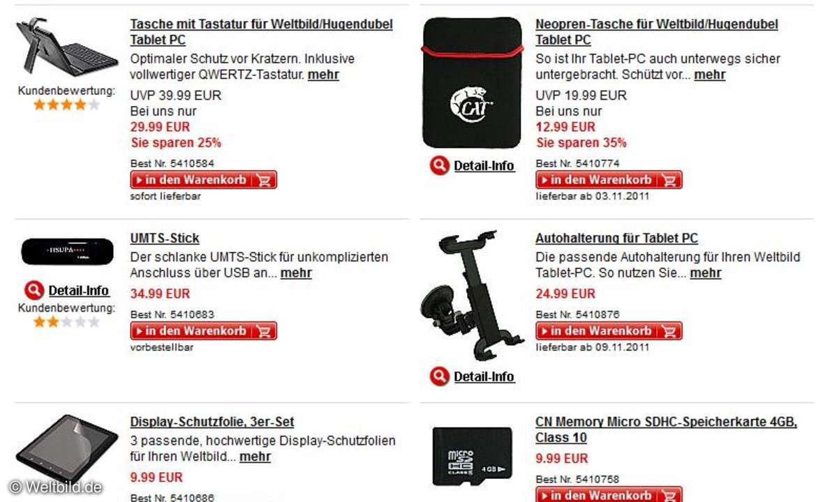 Das passende Zubehör für das Weltbild-Tablet gibt es gleich dazu - inklusive Tastatur, Schutztasche und Kfz-Halter.