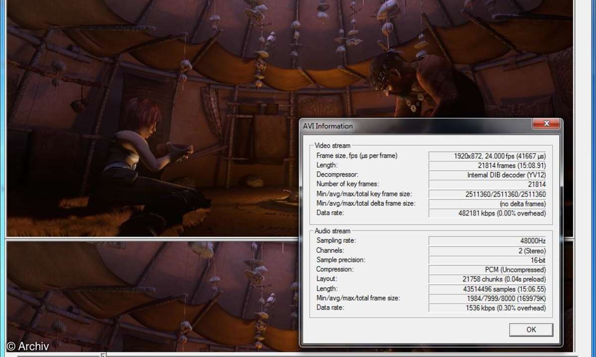 Ein AviSynth-Skript, geöffnet mit VirtualDub. In den AVI-Informationen kann man sehen, dass VirtualDub die angelieferten Daten wie unkomprimierte Audio- und Videodaten behandelt.