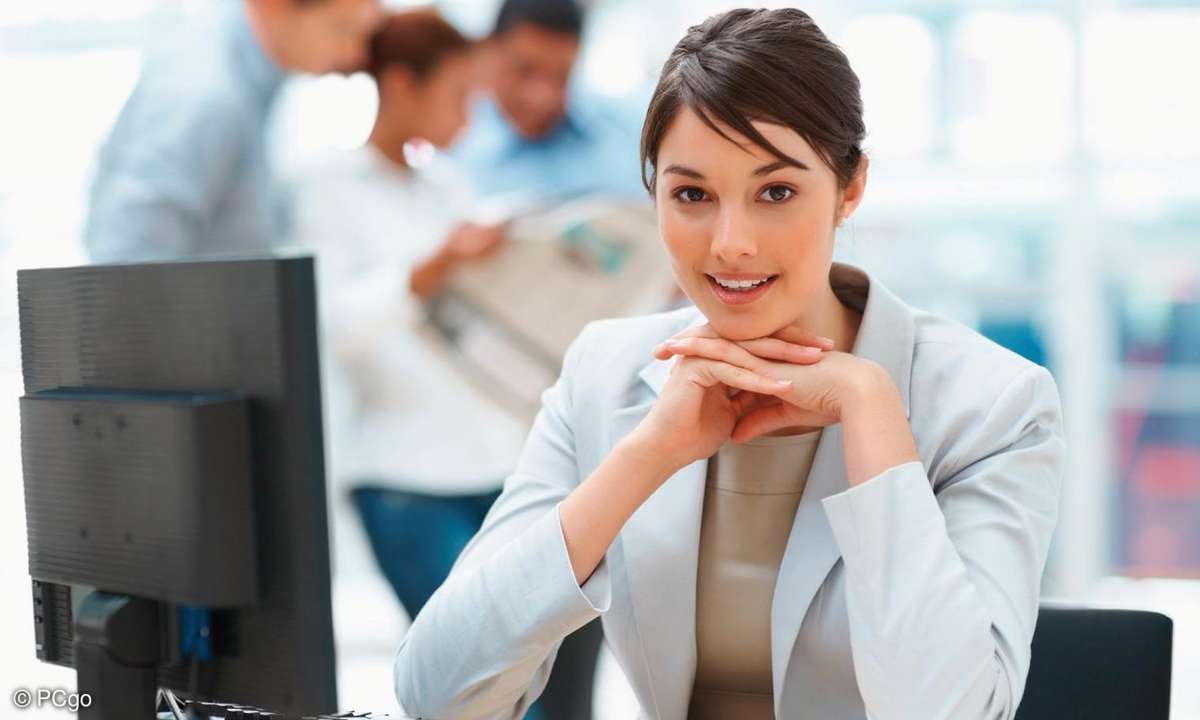 frau, arbeitsplatz, pc