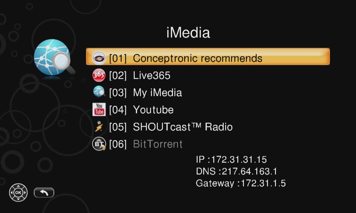 Webanbindung Marke Conceptronic: Hier gibt es u.a. YouTube, SHOUTcast und BitTorrent.