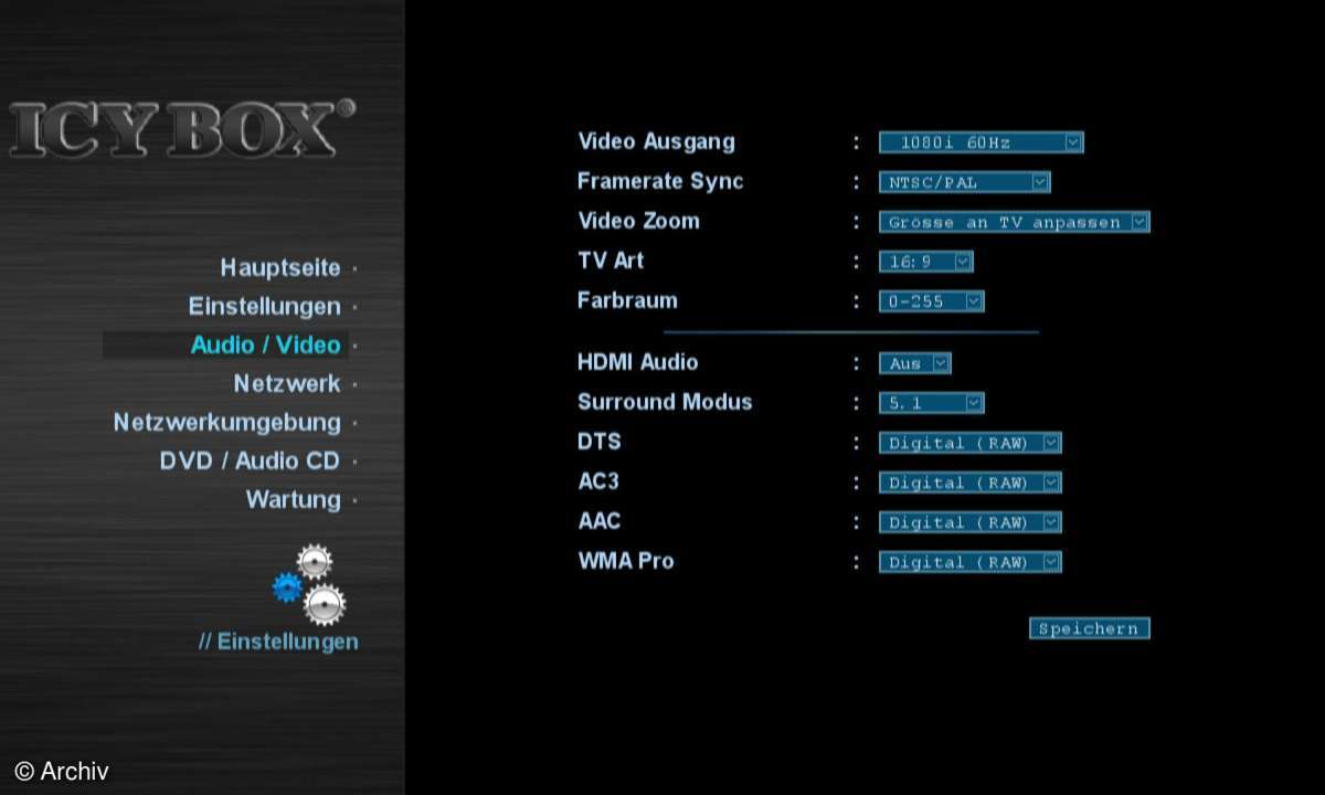 Die Popcorn-Hour-Geräte (hier RaidSonics IcyBox) erlauben die umfangreiche Konfiguration der Ausgabeoptionen.