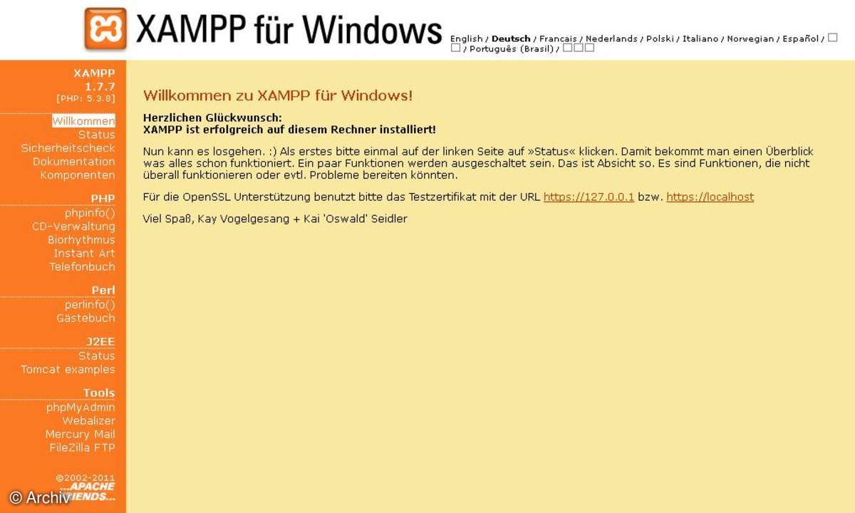 XAMPP - die Hauptseite des Server-Komplettpaketes