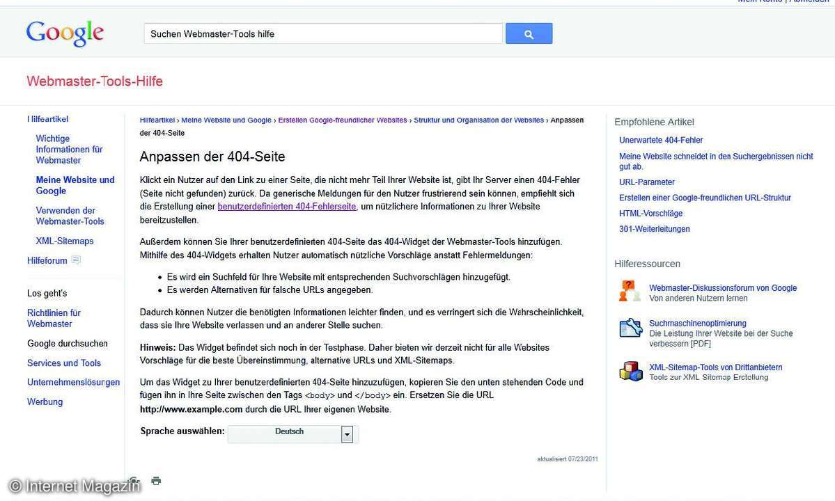 Google bietet zahlreiche Tipps und Tricks für die Gestaltung einer 404-Fehlerseite.
