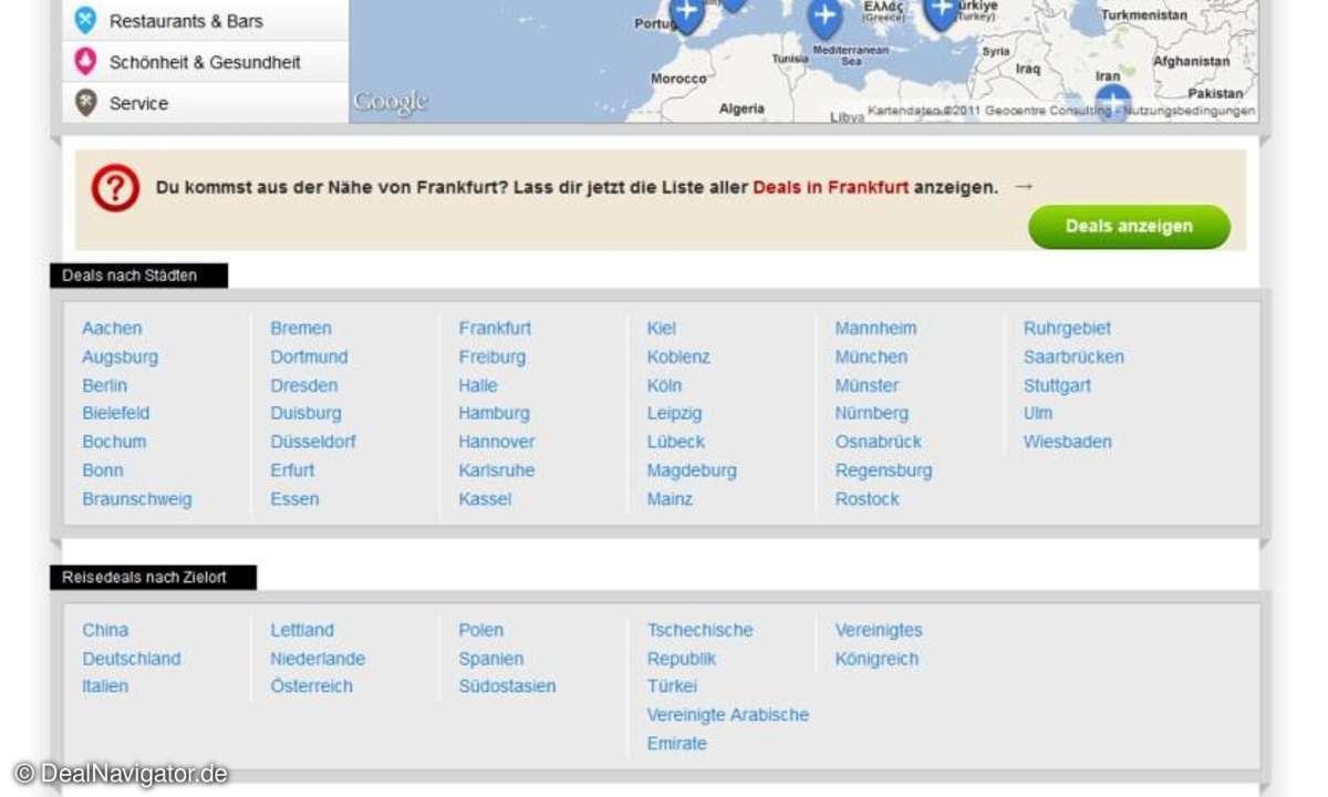 Unter der Kartenansicht sind alle Städte aufgelistet, nach denen man die Suche eingrenzen kann. Oben rechts auf der Seite befindet sich ein Dropdown-Menü mit der Städteauswahl, sowie eine Postleitzahlensuche. So findet man schnell alle Angebote in...