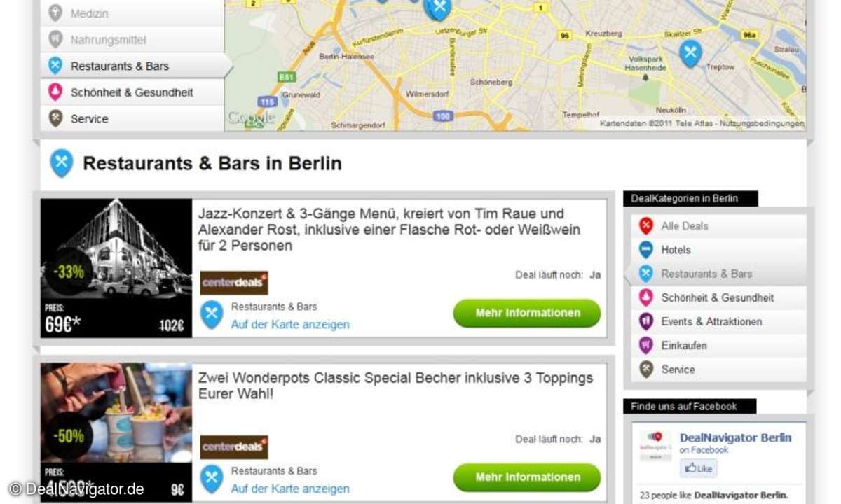 Unter der Karte werden alle Deals in der gewählten Stadt und Kategorie angezeigt.