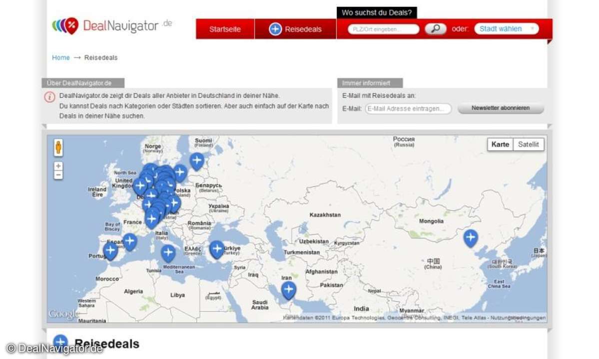 Auch die Ziele aller Reisedeals werden auf der Karte gezeigt. Die meisten befinden sich allerdings in Deutschland.