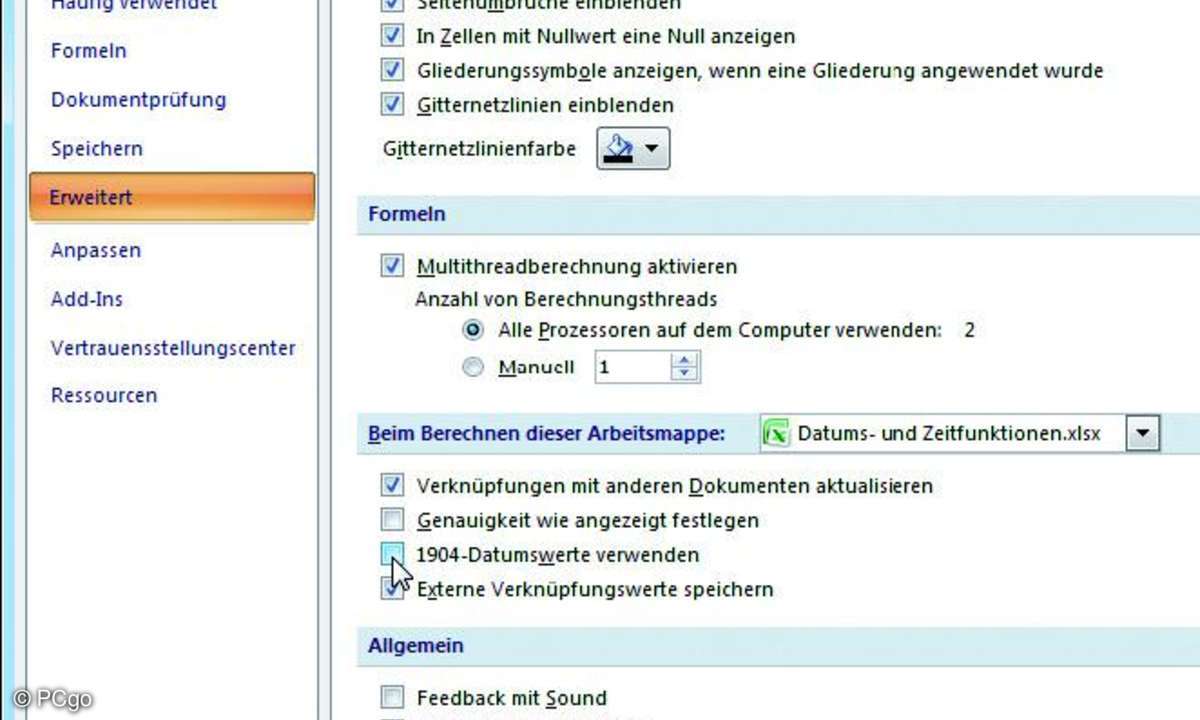 Aktivieren Sie die 1904- Datumswerte, wenn Sie Excel-Dokumente für den Mac erstellen wollen.