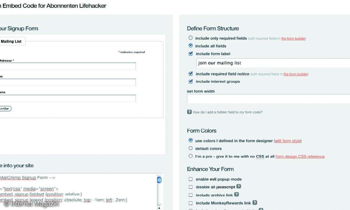 Mit der übersichtlichen Oberfläche klicken Sie sich in Mailchimp Ihr individuelles Anmeldeformular für einen Newsletter zusammen. So gewinnen Sie fast mühelos mit der Vorschauseite Abonnenten.