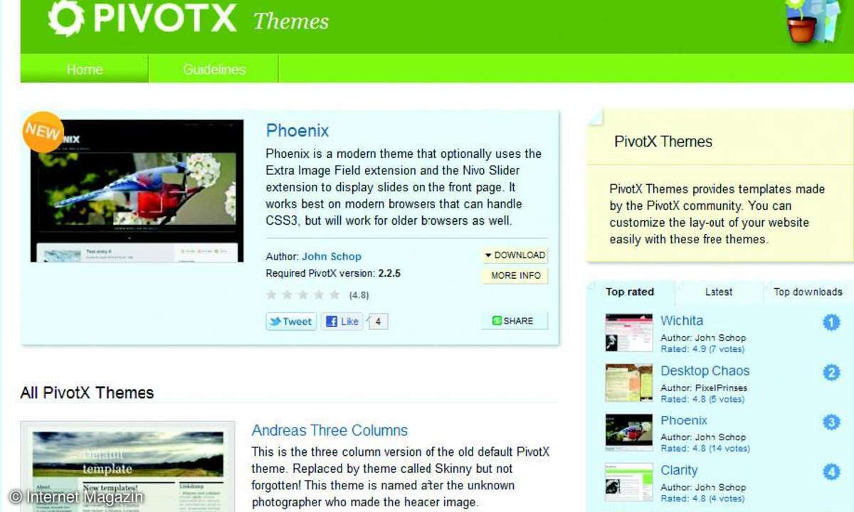 Unter themes.PivotX.net/ finden Sie fertige PivotX-Themes, die Sie für Ihre eigenen Projekte abwandeln können.