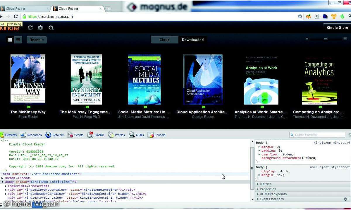 Beim Kindle Cloud Reader (https://read.amazon.com/) setzt Amazon auf HTML 5.