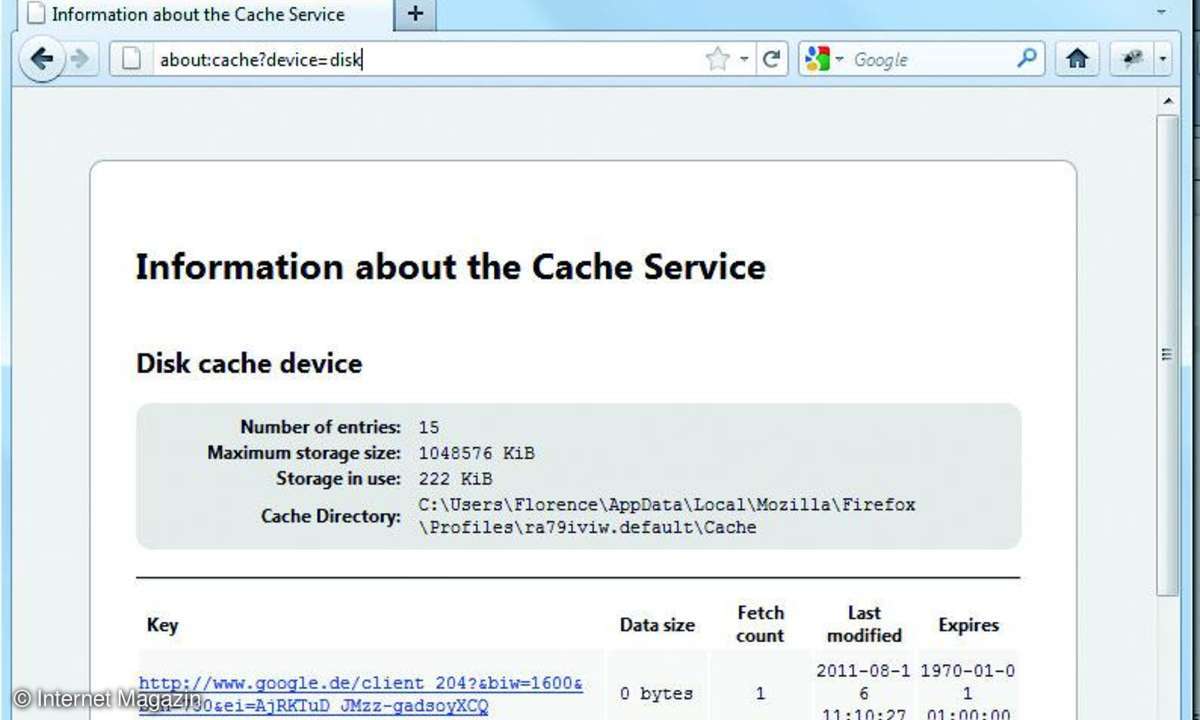 Mit about:cache in der Adresszeile zeigt Firefox Informationen über die gecachten Dokumente an.