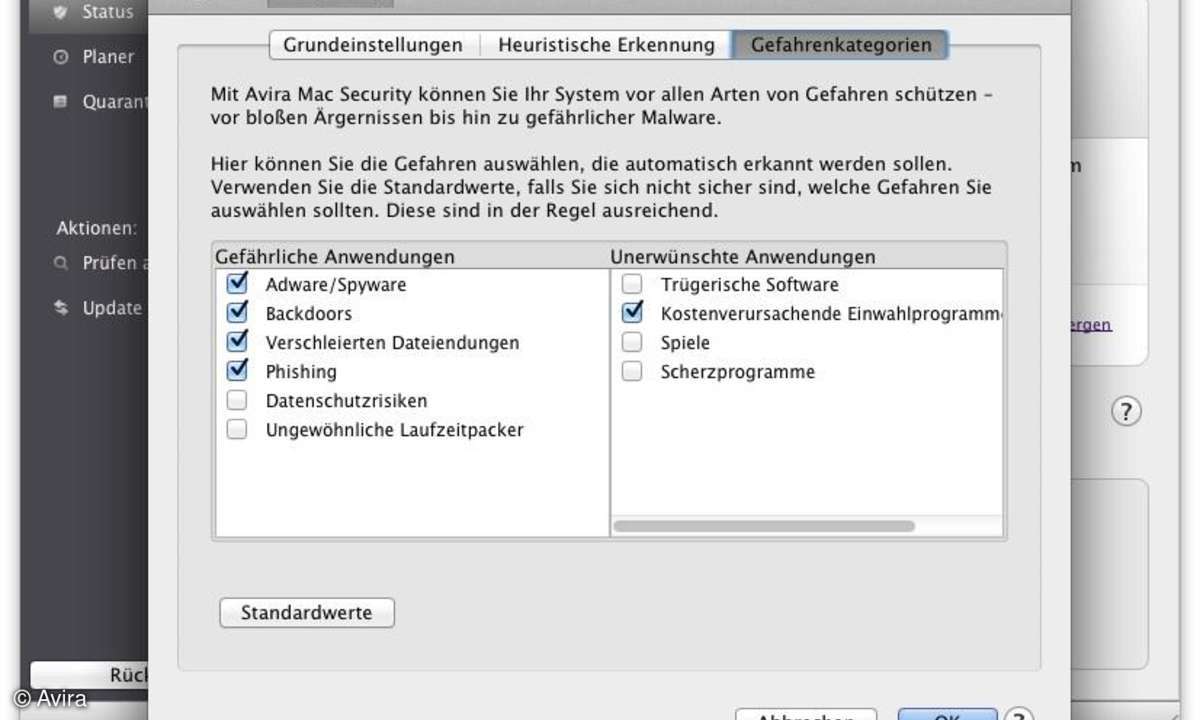 Avira Free Mac Security - Gefahrenkategorien