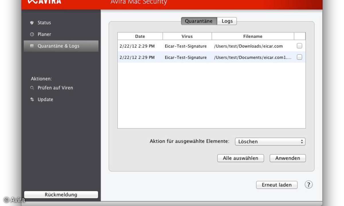 Avira Free Mac Security - Quarantäne