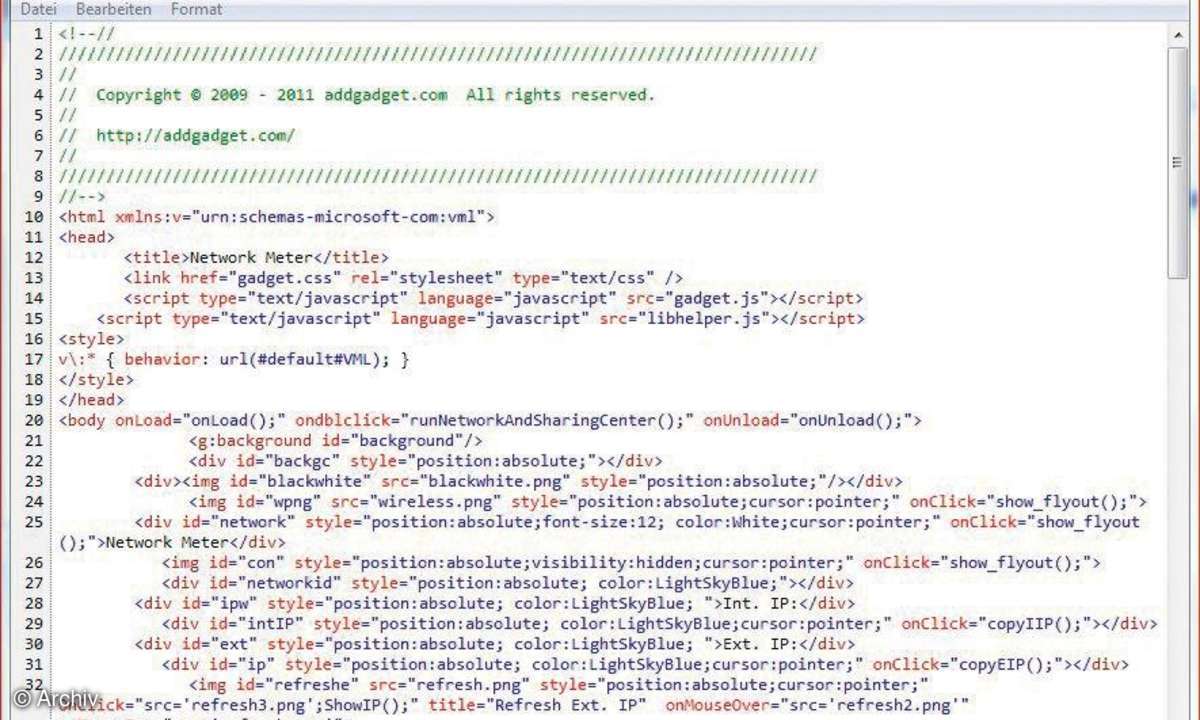 Sehen Sie den Windows-7-Gadgets auf die Finger: Der HTML-Quellcode der Minianwendung Network Meter sieht harmlos aus.