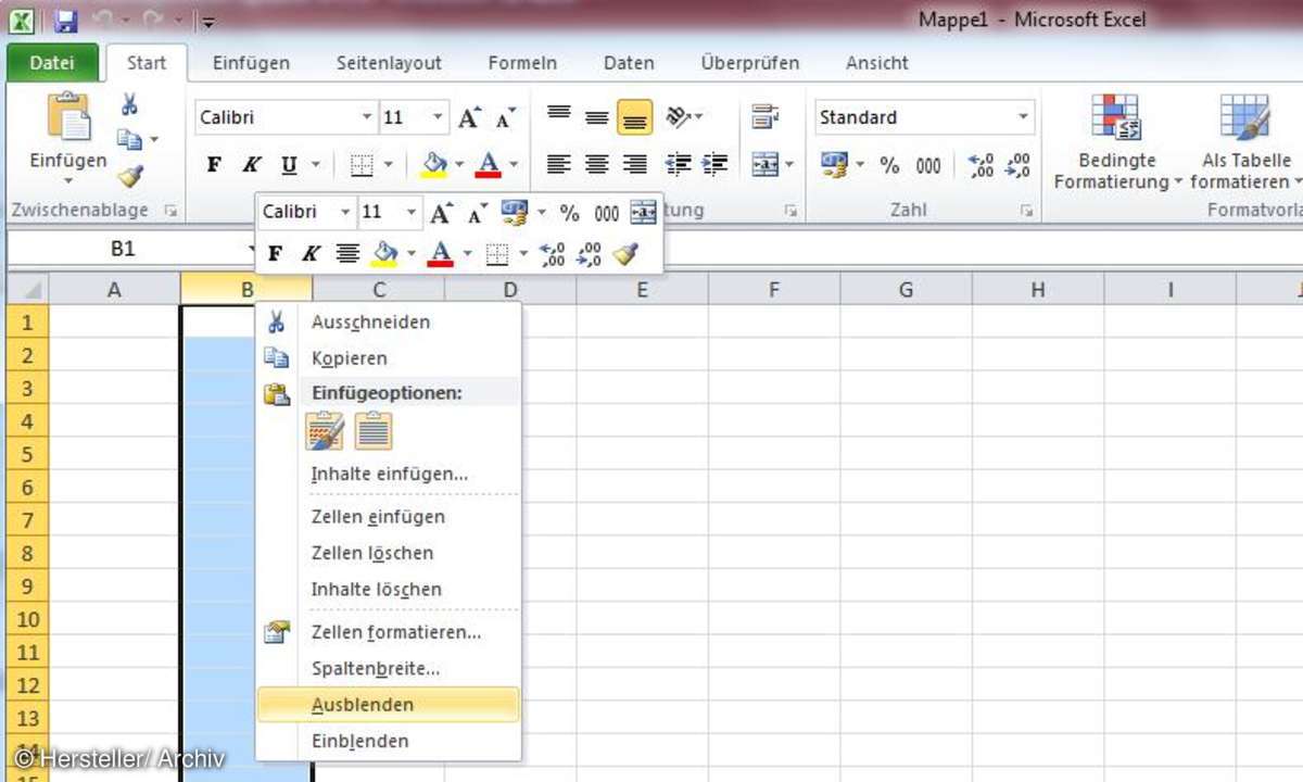 Excel Spalten ausblenden