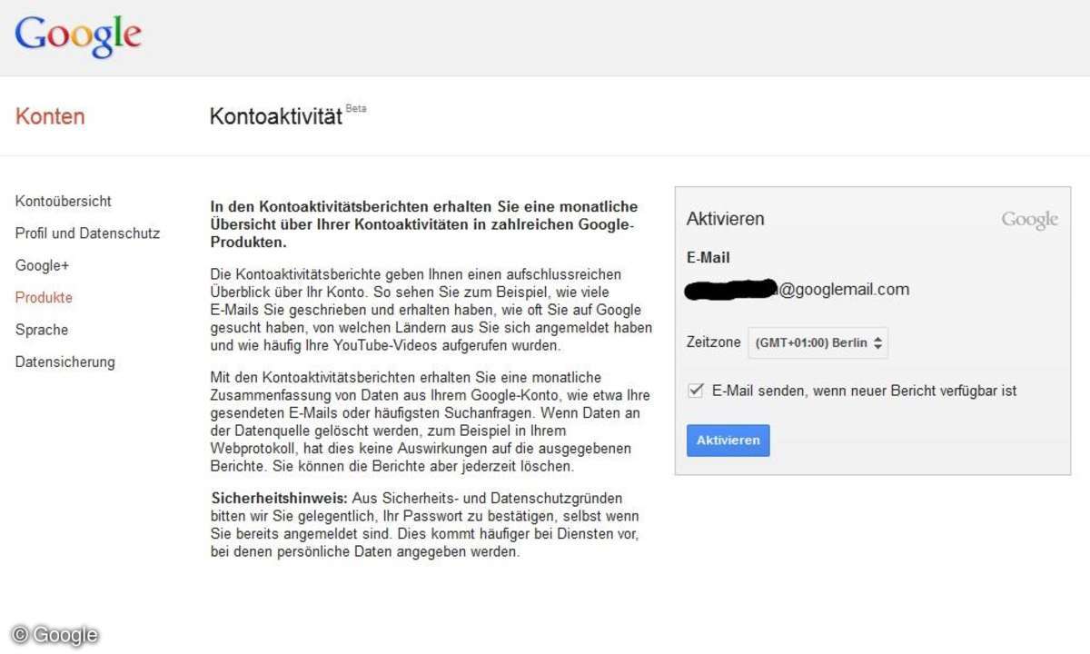 Google Kontoeinstellungen - Kontoaktivität