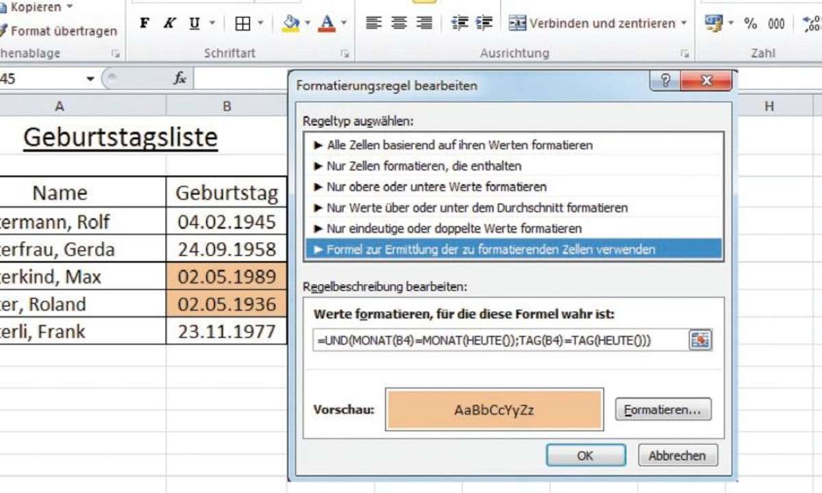 Excel Geburtstagsliste mit Hervorhebungen