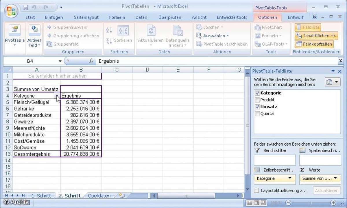 Pivot-Tabellen mit Excel: Summenbildung