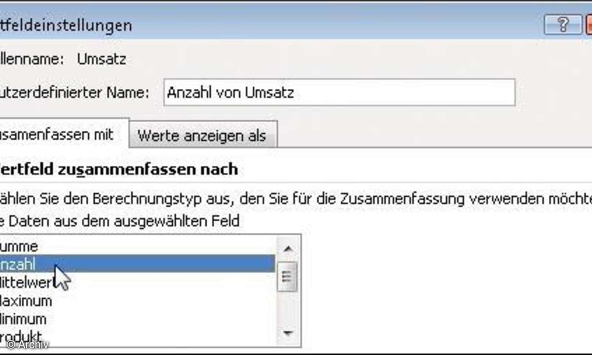 Pivot-Tabellen mit Excel: Wertfeldeinstellungen