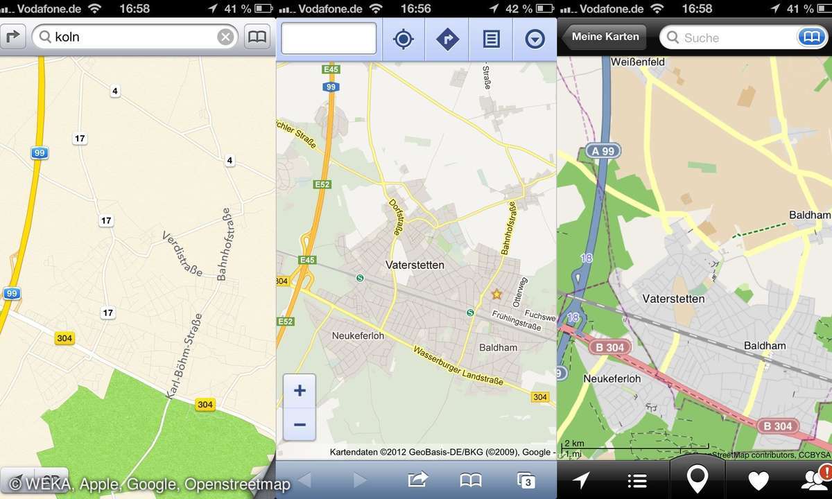 Apple, Google und Openstreetmap im Vergleich