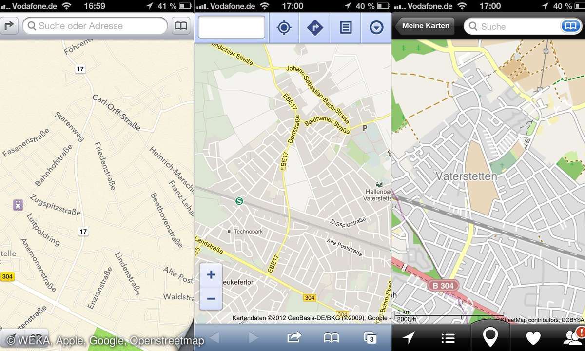Apple, Google und Openstreetmap im Vergleich