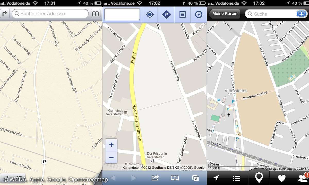 Apple, Google und Openstreetmap im Vergleich
