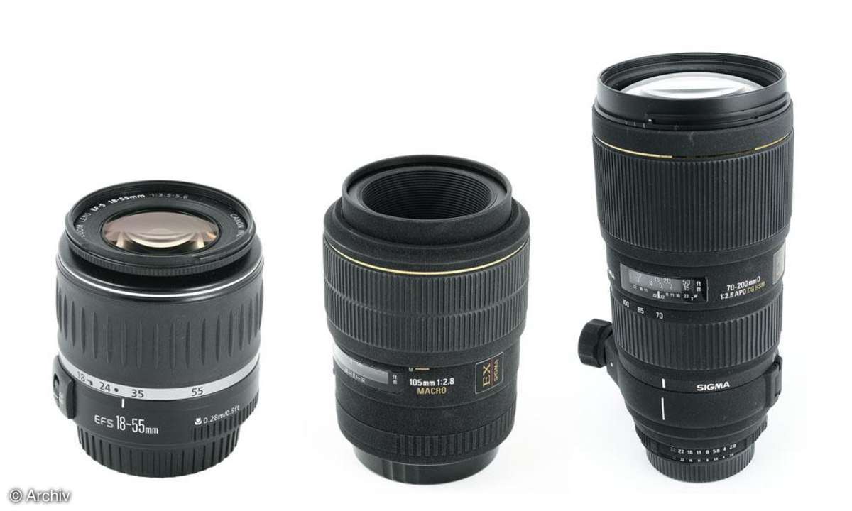 Canon EF-S 3,5-5,6/18-55 mm/ Sigma EX 2,8/105 mm DG Macro/ Sigma EX 2,8/70-200 mm DG APO HSM IF-Macro Vorderseite