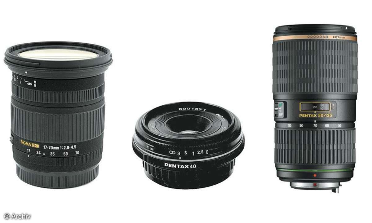 Sigma EX 2,8-4,5/17-70 mm DC Macro/ Pentax SMC-DA 2,8/40 mm Limited/ Pentax SMC DA* 2,8/50-135 mm ED (IF) SDM Vorderseite