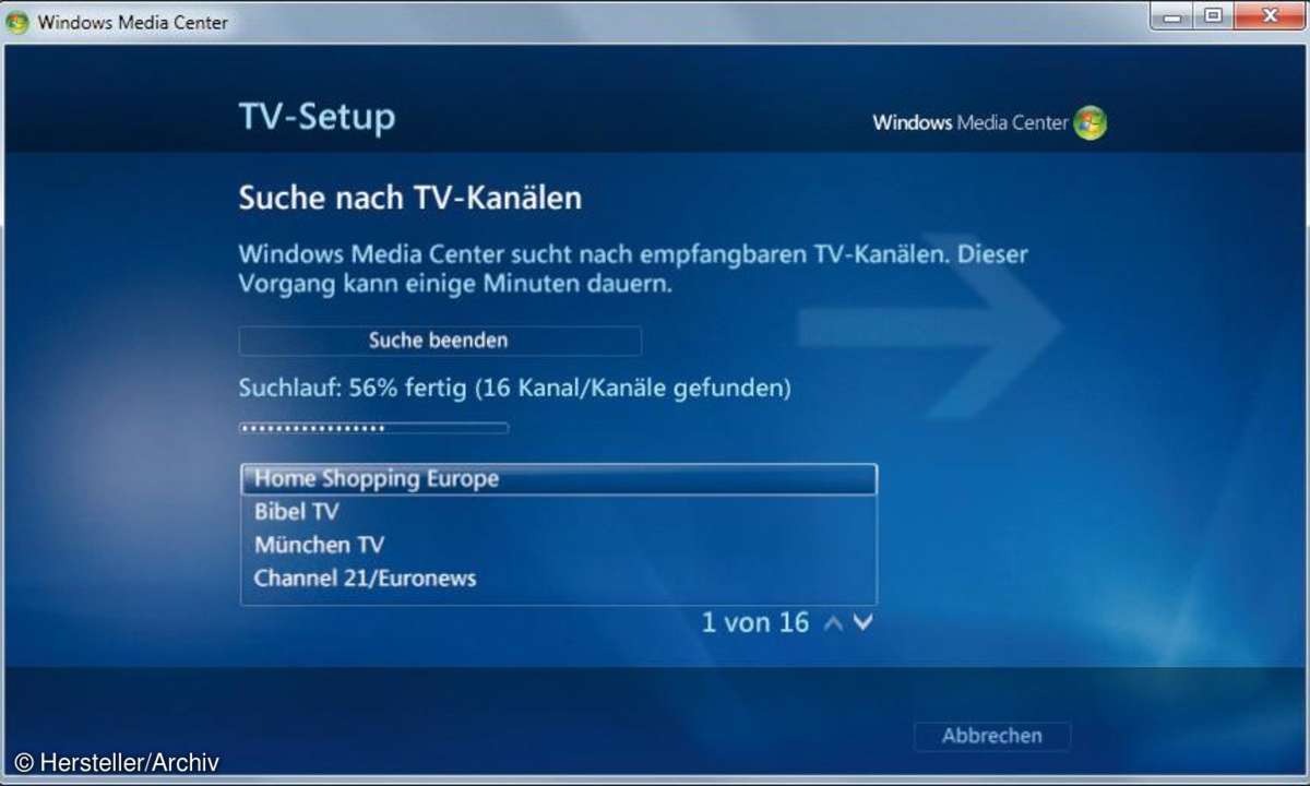 Installationsassistent im Windows Media Center