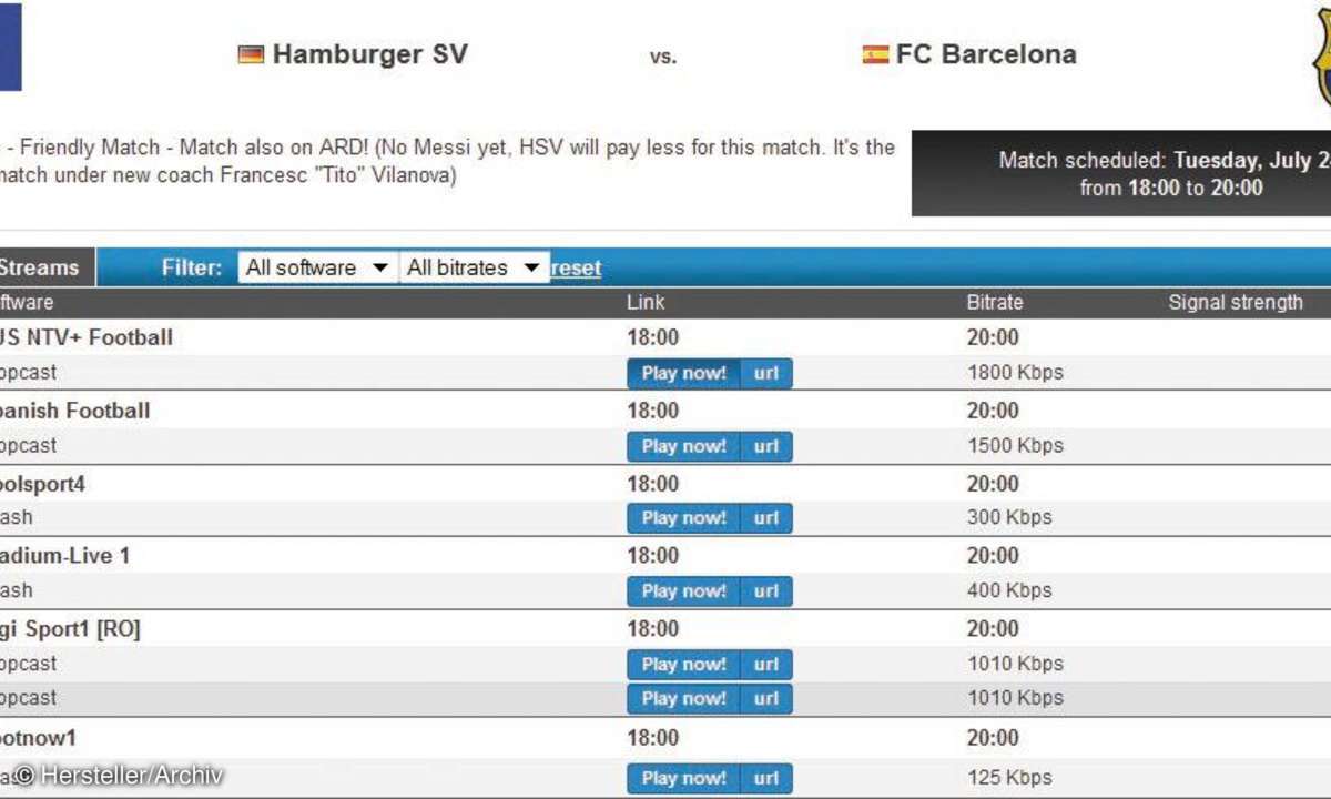 Wählen Sie das Fußballspiel, das Sie sich ansehen möchten, und achten Sie dabei für eine gute Wiedergabequalität auf eine hohe Bandbreite.