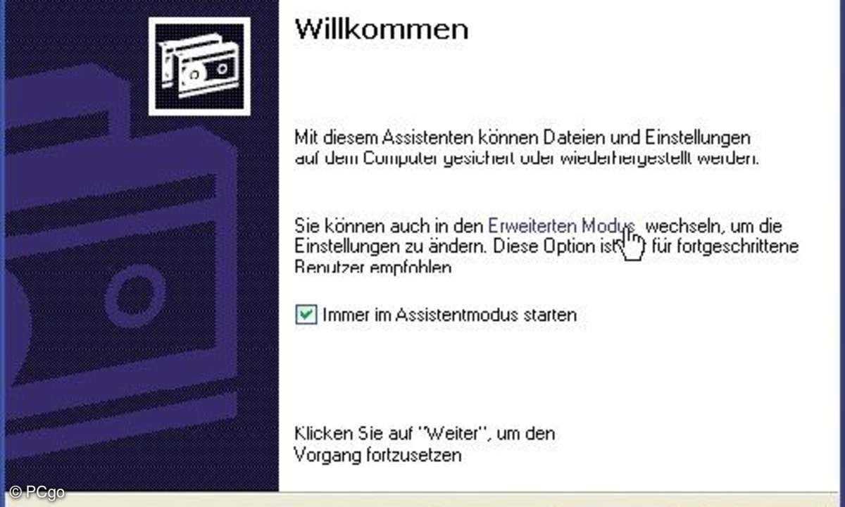 So gelangen Sie in die erweiterten Einstellungen des Sicherungsassistenten von Windows XP.