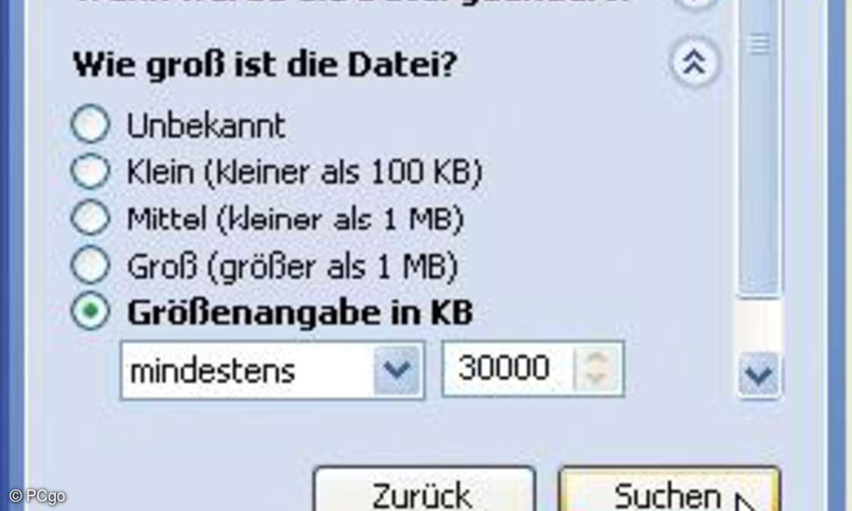 Mit dieser Einstellung durchsuchen Sie Ihren Rechner nach Dateien, die mindestens 30 MByte groß sind.
