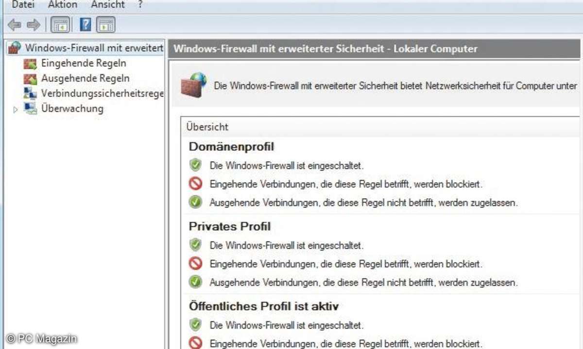 Schutz: Im Hauptfenster der Windows-Firewall regeln Sie den Web-Verkehr.