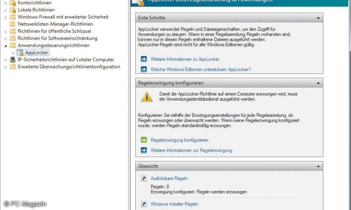 Ausgefuchst: So sieht das Startfenster, die Lokale Sicherheitsrichtlinie des App Lockers aus.