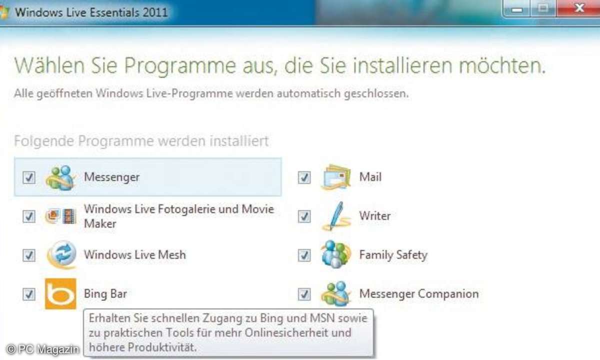 Neues Mail-Programm: Hier bestimmen Sie, welche Komponenten vom Live Essentials-Paket Sie installieren.
