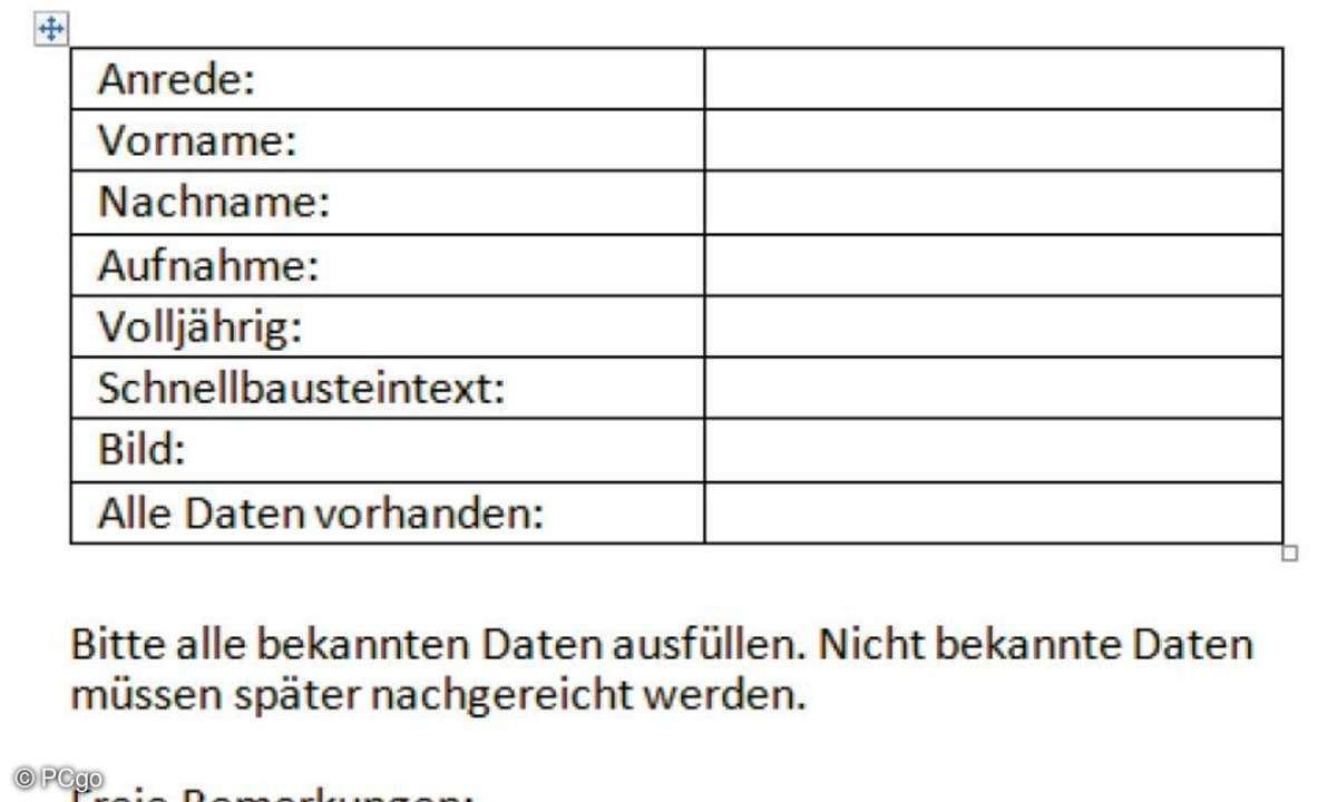 Formulare mit Word-Tabellen einrichten