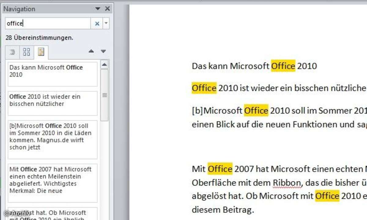 Textsuche in Word 2010