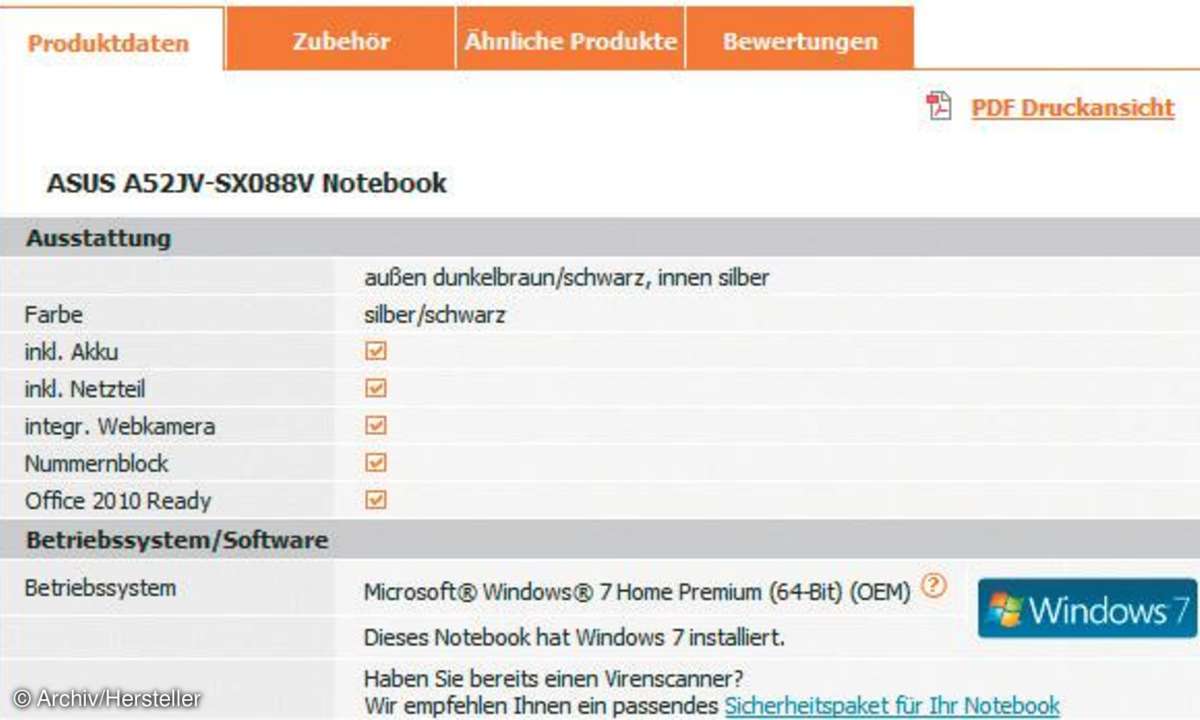 Produktdaten Notebook