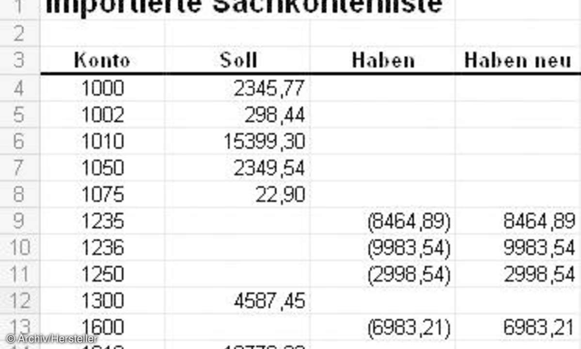 Importierte Sachkontenliste Excel