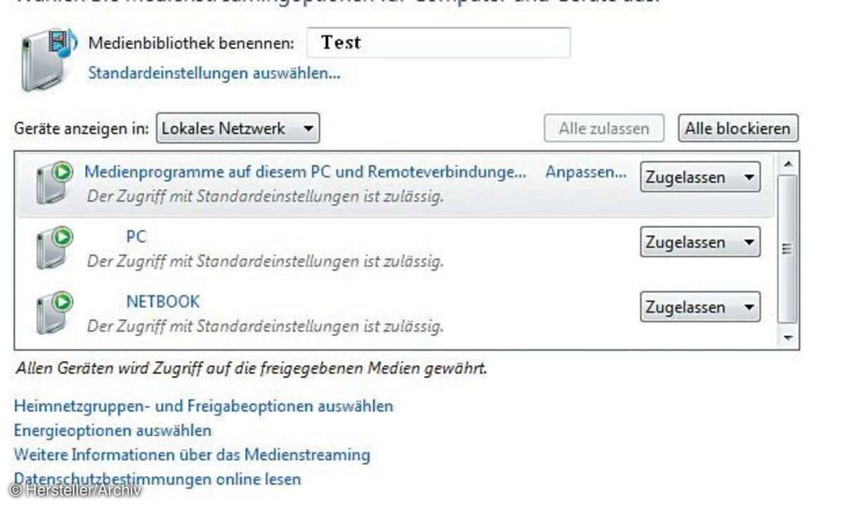 Windows Media Player: Netzwerk-Freigabe