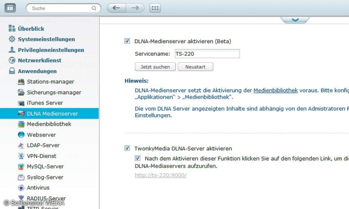 Die TS-220 hat zwei DLNA-Medienserver integriert. Für das Streaming von Filmen empfiehlt sich der Twonky-Mediaserver.