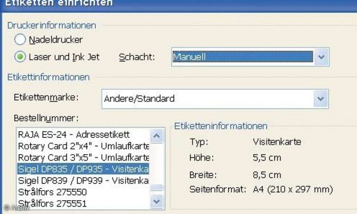 Visitenkarten mit Word