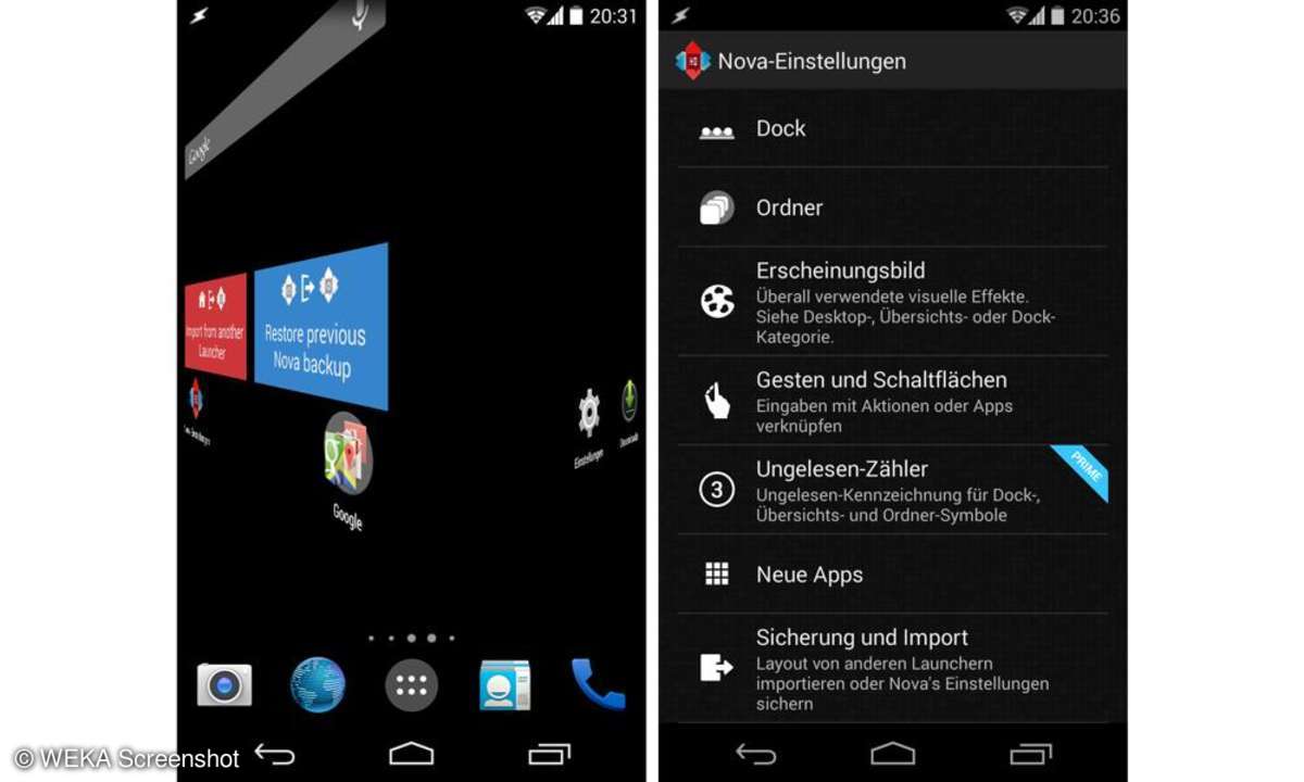 Der Nova Launcher beherrscht auch die transparenten Leisten am oberen und unteren Blidrand.