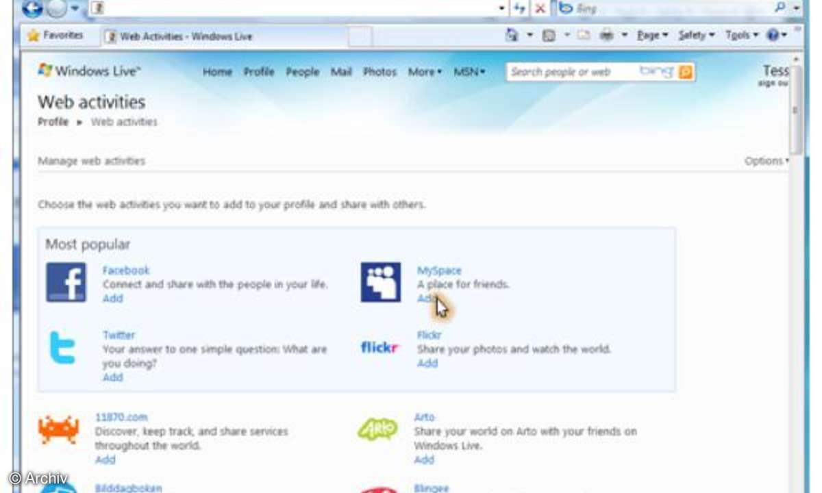 MySpace auf Windows Live